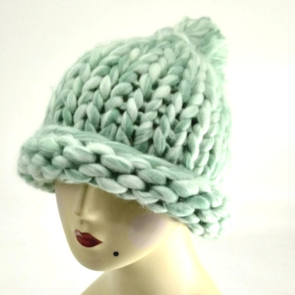 Chunky Knit Sea Glass Blue Pom Pom Beanie Hat